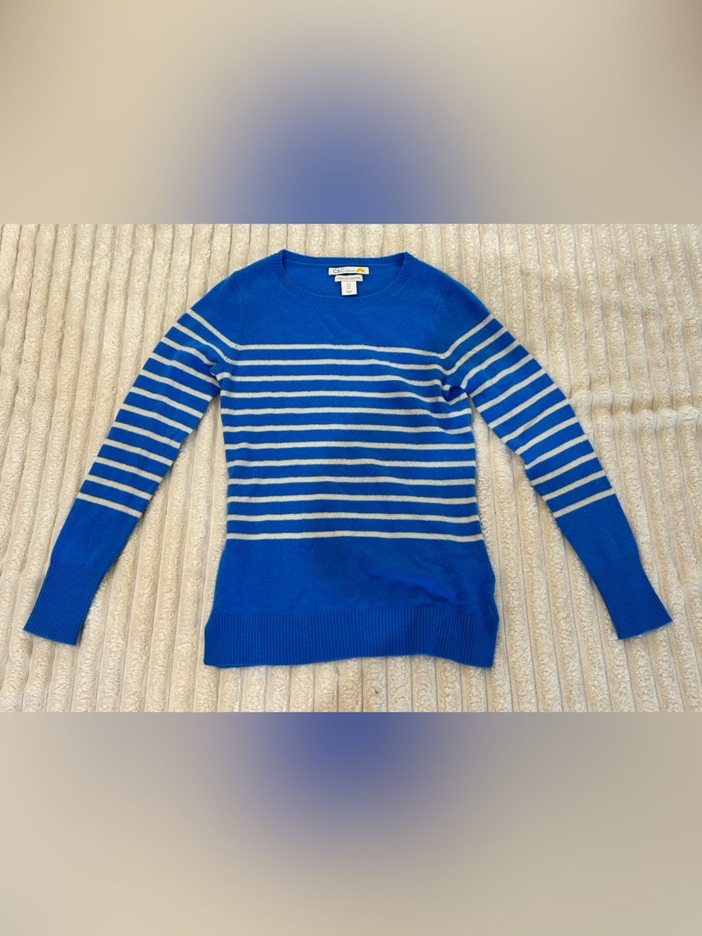 C&C California Royal Blue Crewneck Sweater with Gray Stripes EUC